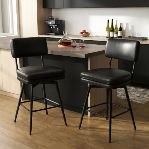 Urhanherry 360°drehbarer Barhocker 2er Set mit Lehne, Mid-Century-Stil, Barstuhl mit Rückenlehne Fußstütze für Theke, Küche, Hausbar, Doppeltes Sitzkissen-Design - Tintenschwarz