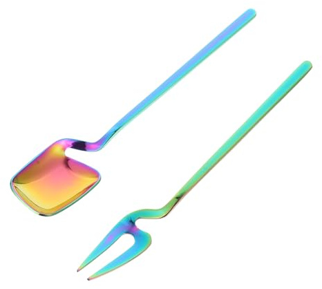 Holibanna 2 piezas Cucharas y Tenedores de Postre Acero Inoxidable Diseño V para Café y Postres Colores Surtidos Aptos para Uso Hogar y Restaurantes