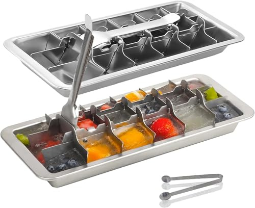 GHAHILI Stainless Steel Ice Cube Trays, Metal Ice Cube Trays for Freezer Vintage Inspired Design with Release Lever Remove Handle for Making Large Cubes Kitchen & Bar (2 Pcak)