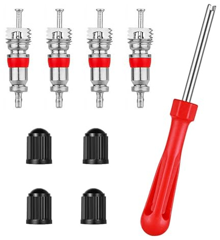 Ventileinsatzentferner, Rot Einzelkopf Ventilausdreher, Autoventil Schlüssel, Reifenventil Werkzeug, mit 4 Ventileinsätzen und Reifenventilkappen, für Fahrrad, Auto, Motorrad, LKW Reparaturwerkzeug