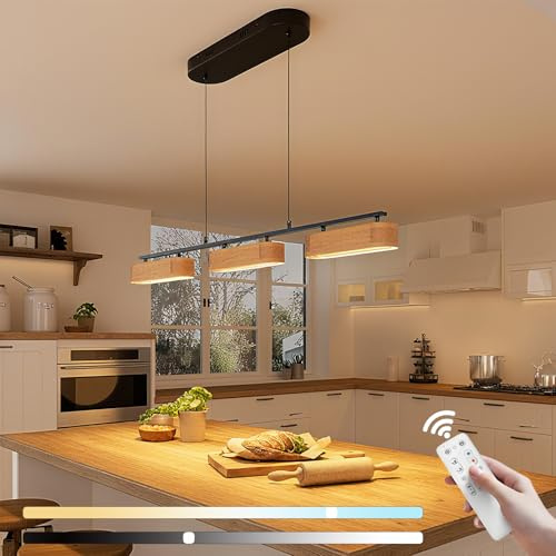 LED Pendelleuchte Esstisch, Dimmbar Hängeleuchte mit Fernbedienung, Moderne Lineare Design Hängelampe 3 Flammig Kronleuchter Höhenverstellbar Esszimmerlampe für Küche Wohnzimmer lampe (Holz, 96cm)