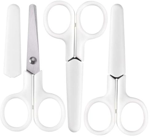 Rotbackmin 4 Kids Scissors with Safety Cove, Small Travel Size Tsa Compliant, Round Blunt Tip, Mini Scissors for School Student Cutting Paper Craft, White, 3 Pack