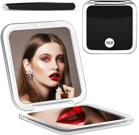 ANBOWEI 30X Grossissant Miroir de Poche Pliable, Petit Miroir de Sac à Main Voyage pour Femme, Double Face 30X et 1X, Magnétique Cadre en Acrylique, Carré 8.3cm - Noir
