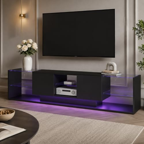 TV-Möbel LED 200 cm, Fernsehschrank, TV-Bank, Wohnzimmer-TV-Möbel, Modernes TV-Möbel aus Holz mit 2 Schubladen, Niedriger Schrank Wohnzimmer Innen, Wohnzimmermöbel, Schwarz (35x200x45 cm（Schwarz）)