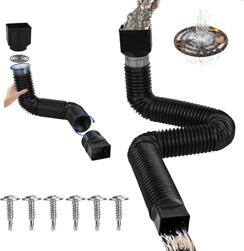 Dachrinne Flexible Fallrohr Verlängerung, Adapter für 3x4 & 2x3 Fallrohre, Verlängerbar 47-150 cm, Regenrinne Ablaufrohr mit Sieb, Robuste PE-Material (Schwarz)