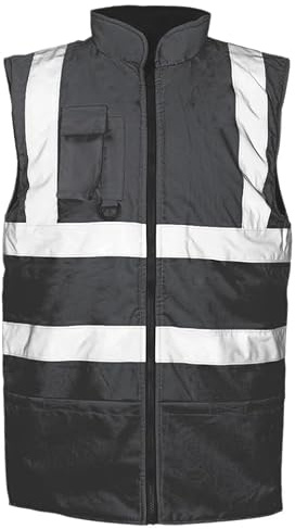 Hi Vis Padded Gilet Waistcoat Fleece Body Warmer Zip Fastening Vest Work Wear Reflective Security Waistcoat Jacket with ID Badge and Mobile Pocket