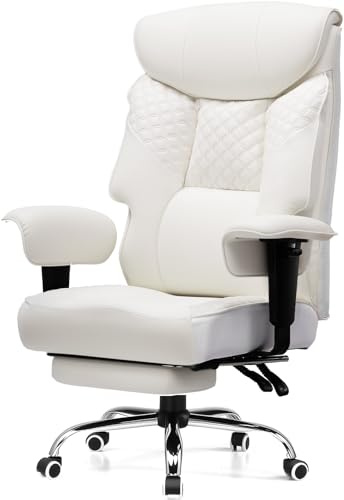 COMHOMA Gamingstol för stora och tunga personer, ergonomisk kontorsstol upp till 180 kg, 3D-sittkudde, justerbar med fotstöd, PU-läder, hög komfort för kontor och gaming vit