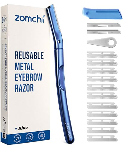 ZOMCHI Rasoir Dermaplane, Rasoir à sourcils et rasoir visage pour femmes et hommes, Tondeuse à sourcils réutilisable avec 11 lames, Rasoir à sourcils avec capuchon de protection en silicone - Bleu Mat