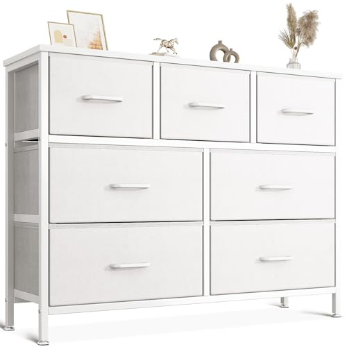 Coleshome Blanco Comoda Dormitorio, Comoda Cajones, con 7 Cajones de Tela