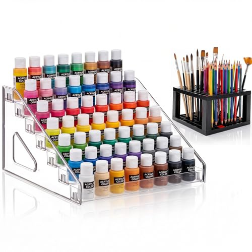 Dexpally 7-Layer Acrylic Clear Paint Organizer with Paint Brush Holder Acrylic Paint Organizer Clear Paints Storage Rack 7 Tier Acrylic Nail Polish Rack for Craft Hobby Miniature Model Light