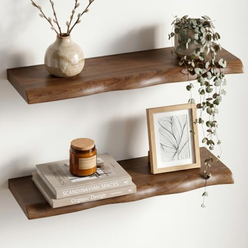 Afuly Estantería de Pared Larga, Baldas Flotantes Pared con Soporte Oculto | 60cm Repisas de Pared Nogal Juego de 2, Baldas de Madera, Almacenaje, Decoración para Fotos, Decoraciones, Salón, Dormitorio