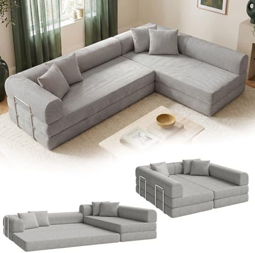 skølm Lofn Ecksofa 4-Sitzer 300 cm, Cord Hellgrau, Wohnlandschaft, 4 Kissen | Klappsofa, ausklappbar zum Schlafsofa/Bodensofa, Vollschaumcouch Boneless mit Stahlgestell, vakuumverpackt, L-Form