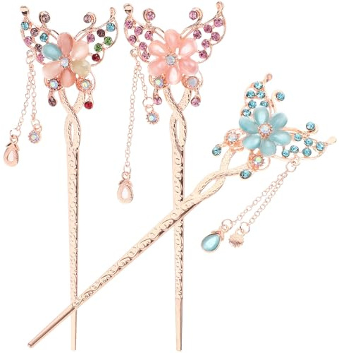 Adorainbow 3 Stück Antike Haarnadel aus Legierung mit Blumenform für Hochsteckfrisuren Hanfu Haarstäbe für Dickes und Langes Haar Elegantes Frisurenzubehör für Partys