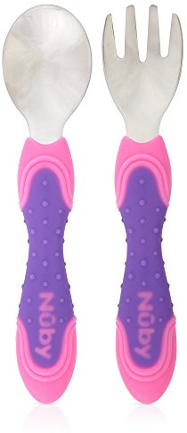 Nuby Stainless Steel Utensil, Pink/Purple, 2 Piece