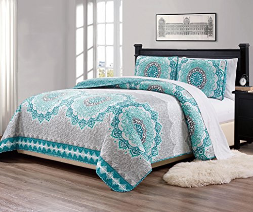 Mk Collection 3pc King/California King Bedspread Quilt Over Size 118 x 95 Aqua Turquoise Coastal Plain Grey Green White Elegant Design # Oslo Aqua