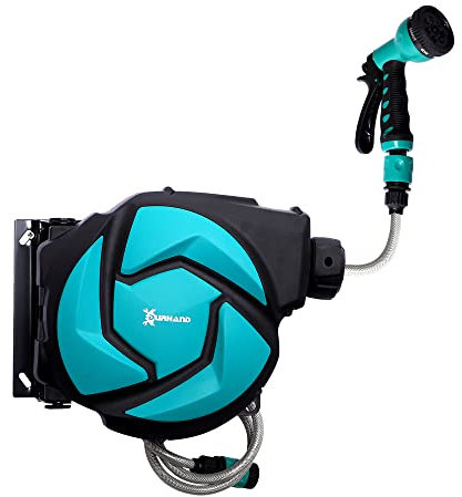 DURHAND Schlauchtrommel mit Gartenschlauch 10 m Wasserschlauchaufroller mit automatische Aufrollung Wandschlauchbox 180° schwenkbar mit Multibrause Frostschutz -5–45 °C Grün + Schwarz