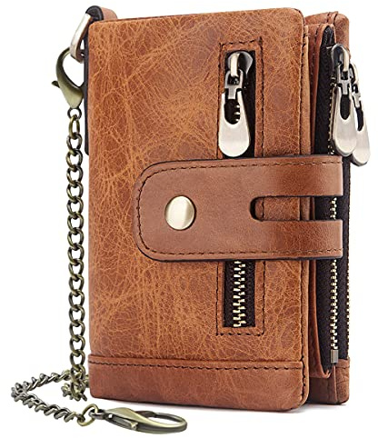 REETEE Mens Wallet RFID Blocking Men's Genuine Leather Wallet and Zipper Coin Pocket Bifold Purse with Chain 16 Credit Card Holder Genuine Leather Gents Wallets Slim Purse (Light Brown)