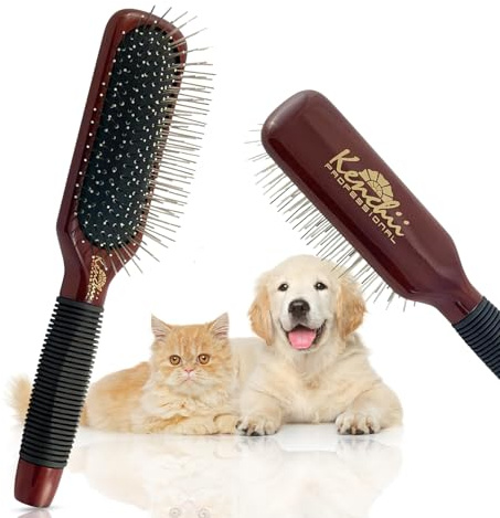 Kenchii Fellbürste für Hunde und Katzen aus Metall, massives Holz, rutschfester Griff, Entwirrungs- und Haarausfallbürste für lang- oder kurzhaarige Haustiere, Hundebürste und Katzenbürste, Größe L,