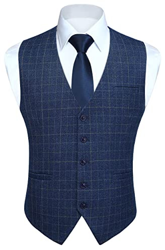 HISDERN Men's Suit Vest Plaid Dress Vest for Men Slim Fit Formal Business Waistcoat Tuxedo V-Neck Solid Vest for Wedding Blue Large
