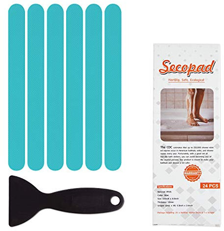 Secopad - 24 Adesivi Antiscivolo per Doccia e Vasca da Bagno; Strisce adesive di Sicurezza con Raschietto di Alta qualità (Blu)