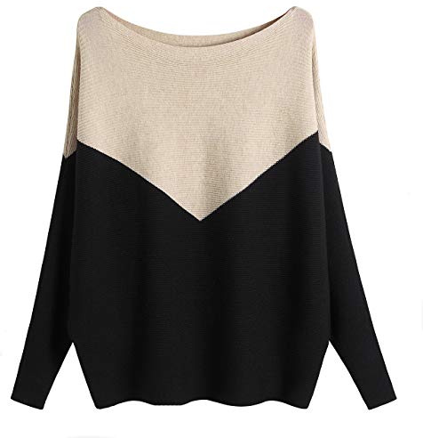 GABERLY Boat Neck Batwing Sleeves Dolman Knitted Sweaters and Pullovers Tops for Women (Black+Khaki, One Size)