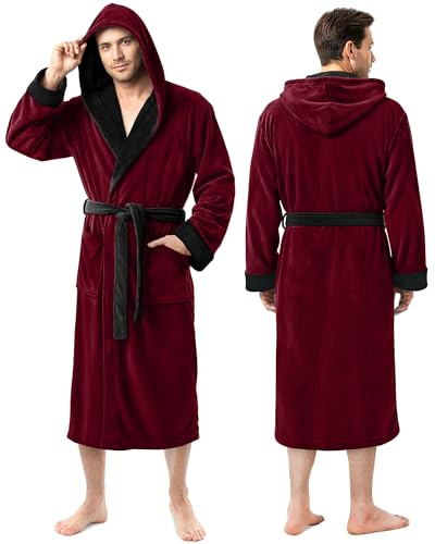 NY Threads Accappatoio da uomo in pile con cappuccio lungo in peluche, bordeaux con contrasto nero, taglia S/M