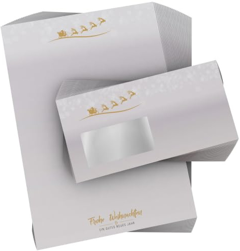 Weihnachtsbriefpapier Set | Rentierschlitten | 100 Blatt Weihnachtliches Motivpapier A4 | 100 Briefumschläge MIT Sichtfenster links im DIN LANG-Format