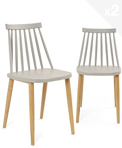 KAYELLES Lot de 2 - Chaise de Cuisine à barreaux bistrot café rétro scandinave, Pieds métal façon Bois Clair BAO (Gris)