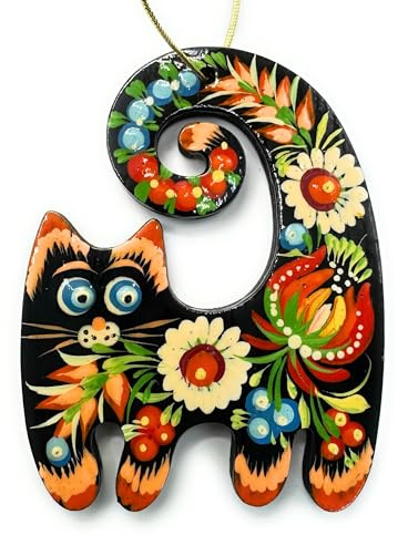 Katze Weihnachtlicher Baumschmuck aus Holz Beidseitig Handbemalt 8.5 х 7 х 0.5 cm Ukrainische Petrykiwka Malerei Kunsthandwerk Besonderer Weihnachtsschmuck Tiere Anhänger