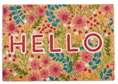 Relaxdays Fußmatte Kokos, Hello Schriftzug & Blumen-Motiv, Türvorleger innen & außen, Kokosmatte 40x60cm Türmatte, bunt