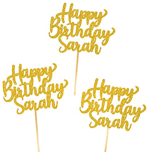 6X Personalised, Double Sided, Handmade Happy Birthday Glitter Cupcake Toppers by Cakeshop | Custom Colour Any Name 480gsm Glitter Cupcake Decorations | Gold