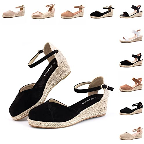 Hitmars Sandalias Alpargatas Cuña Mujer Zapatos Esparto Correa de Tobillo Cerradas Espadrilles Plataforma Boda 6 CM 1 Negras Talla 43 EU