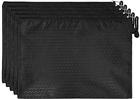 Bailinks A4 Size File Bags with Zipper,5PCS Black File Folders Waterproof Canvas Document Storage Pouch for School Business Office Stationery Document, Magazine,Travel Accessories Organizer