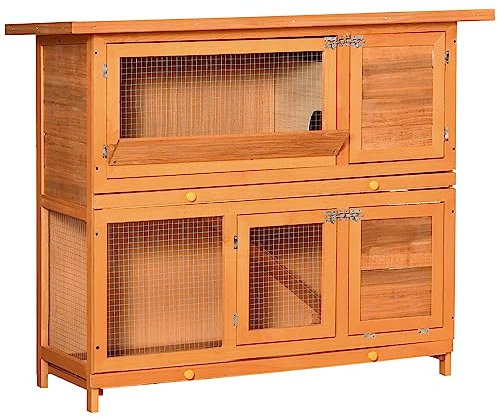 PawHut Kleintierstall Kleintierkäfig Kleintierhaus mit Asphaltdach Meerschweinchenstall Nagerkäfig Doppelstock Winterfest Tannenholz Gelb 120 x 48 x 100 cm