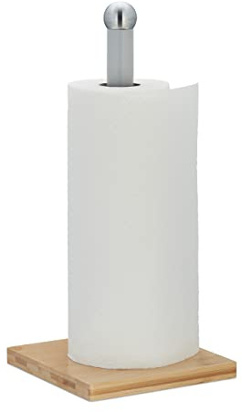 Relaxdays Küchenrollenhalter stehend, Bambus & Metall, Natur/grau | Papierrollenhalter für Küche, HxBxT: 35 x 16 x 16 cm