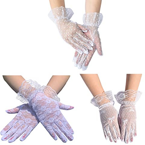 Egurs 3 Paar Kurze Spitzenhandschuhe Damen Elegante Spitzen Handschuhe Brauthandschuhe Braut Spitzen Lace Handschuhe Schwarze Weiße Blumen Handschuhe Hochzeitsfeier Zubehör Weiß 2#