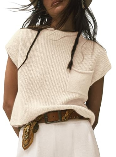 Himosyber Women's Solid Sleeveless Vest Mock Neck Cap Sleeve Knitwear Sweater Tops (Apricot-S)