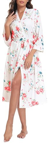 Lovasy Dressing Gowns for Women UK Long Women's Robe Soft Ladies Kimono Dressing Gowns Lightweight Knit Bath Robes for Women Loungewear Nightwear with Pocket for All Seasons,Floral White,L