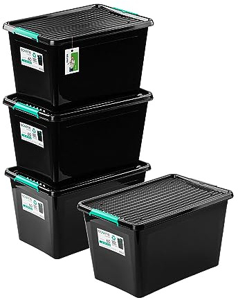 PAFEN 4x Aufbewahrungsbox auf Rädern Öko-Linie 60L - 58,5 39,5 x 35 cm - Boxen Aufbewahrung Stapelboxen mit Verschlussclips Kunststoffbehälter Kleiderboxen Organizer | Schwarz