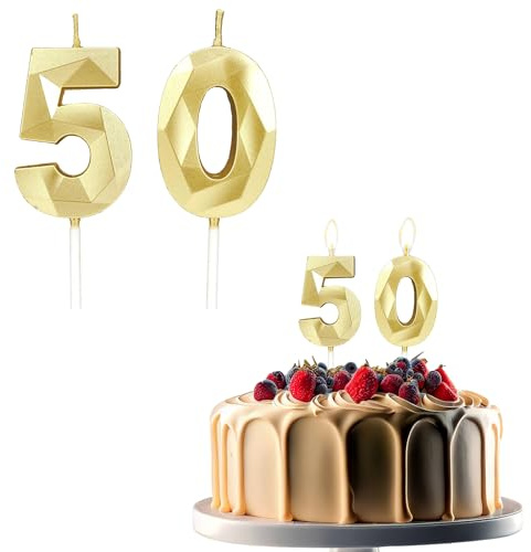 JEKUGOT 50th Birthday Candles for Cakes, Number 50 Candle, Gold Candle, Cake Candles Cake Topper Decorations for Birthday Party, Wedding, and Anniversary Celebration Supplies