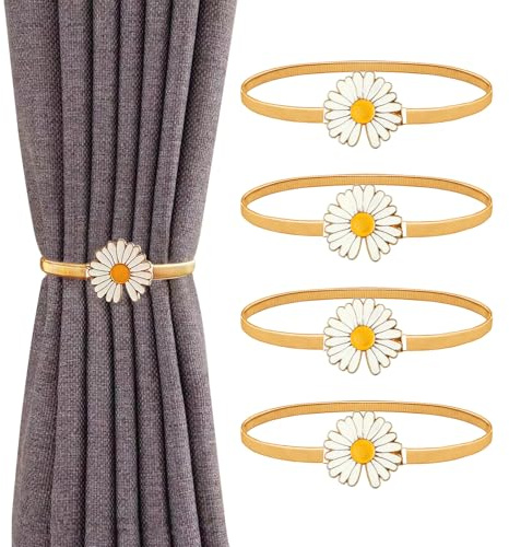 Sheryl&Rain 4 Pcs Alzapaños de Cortina, Oro Margarita Sujeta Cortinas, Recoge Cortinas, Bonito Abrazaderas para Ventanas de Hogar y Oficina
