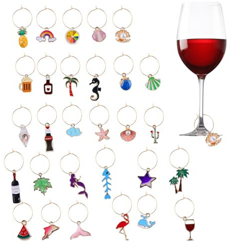 Weinglas Anhänger 30 PCS Trinkgläser Charms Glasmarkierer Getränke Markierungen Glas Markierung mit Aufbewahrungstasche Cocktail Gläser Markieren Glasmarkierung Partydekoration Party Wein Glas Marker