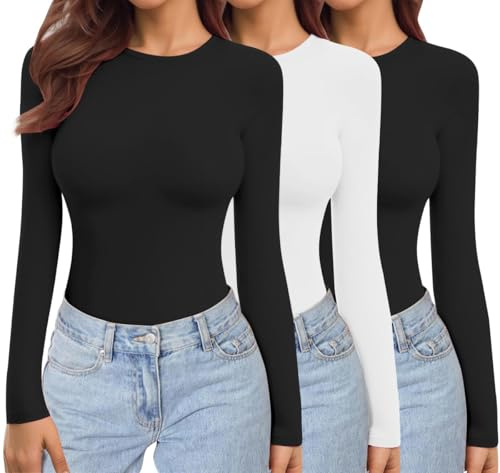 Ekouaer Damen Langarmshirt Thermo Oberteil 1&3 Pack | Rundhals, figurbetont, dehnbar, Basic, einfarbig, weicher Thermostoff mit Micro-Fleece, ausreichend lang zur Bauchabdeckung