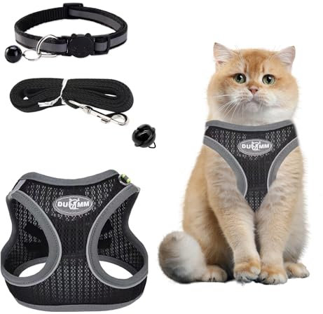 katzengeschirr mit Leine ausbruchsicher,Verstellbares Katzen Geschirr,katzengeschirr Weichem Innenfutter und Atmungsaktivem Mesh mit Reflektierenden für Outdoor Training Gehen(Schwarz S)