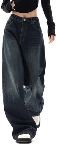 Xineicy Women's Jeans Y2K Wide Leg Baggy Jeans High Waist Loose Vintage 90s Boyfriend Denim Pants Blue