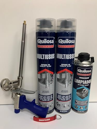 Kit 2 botes Espuma Poliuretano Multiuso Quilosa + Pistola + limpiador + llavero Bricolemar