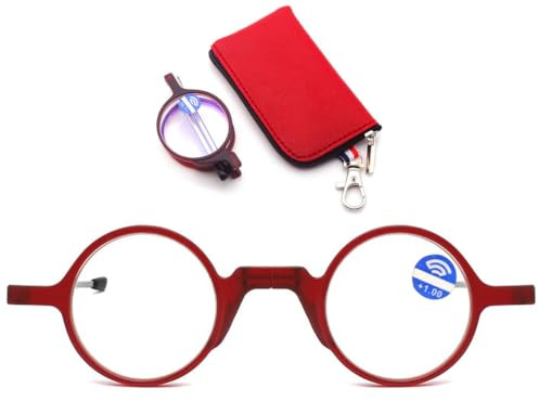 MAGIMODAC Faltbare Lesebrille Damen Herren Blaulichtfilter Runde Klein Mini Lesebrillen Lesehilfe Sehhilfe mit Etui Rot 3,50