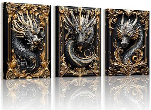 WENGTIAO 3 Pcs Schwarz Gold Drache Leinwand Bilder Kunstdrucke Gerahmt | Tier-Drache Malerei Bild auf Leinwand Wohnzimmer Schlafzimmer Fertig zum Aufhängen 40x60cmx3