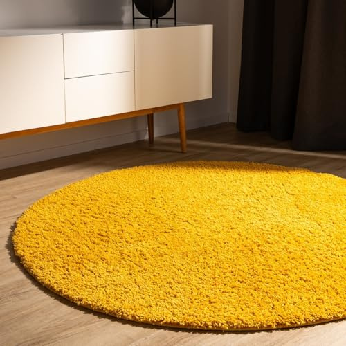 benuta Basic Hochflorteppich Teppich Wohnzimmer Sohari - Gelb 160 cm Rund - Minimalistischer Look - Weich & Waschbar - Für Schlafzimmer, Flur oder Esszimmer - Geeignet für Fußbodenheizung