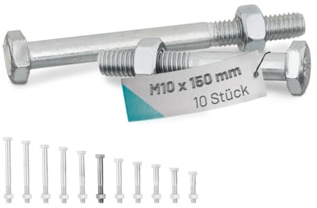 VOOXA 10St DIN931 Sechskantschrauben A2 M10x150mm+DIN934 Sechskantmutter | DIN 931 Sechskantschrauben mit Schaft Teilgewinde mit DIN 934 Mutter | für U/H-Pfostenträger | V2A Maschinenschrauben